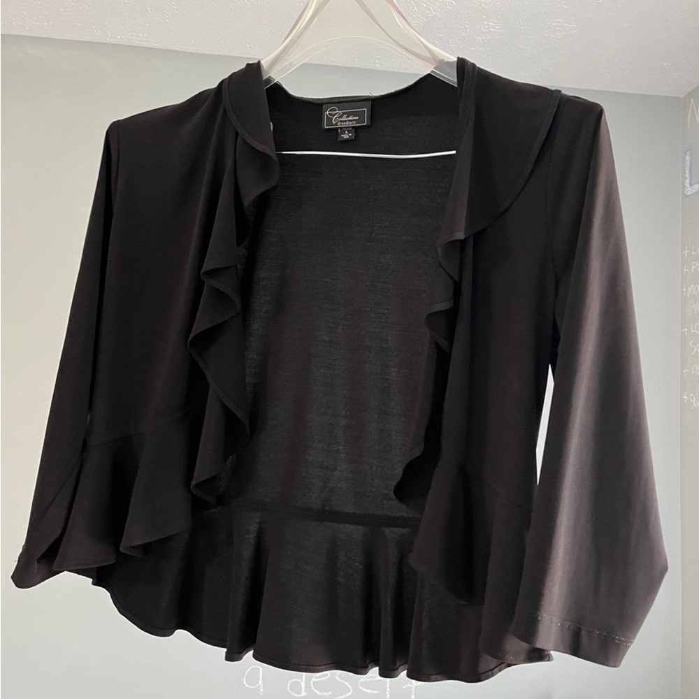 Cropped business black Cardigan with ruffles - petite L